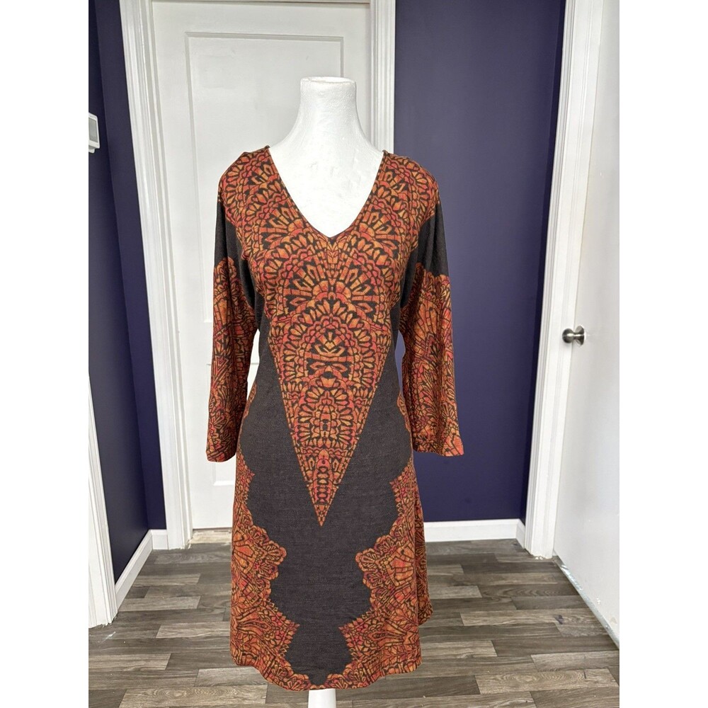 Cato Boho Cold Shoulder Dress L Rust Brown Pattern Knit Lace Up Keyhole V-Neck